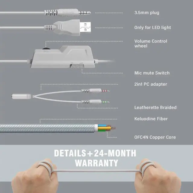 Alt view image 5 of 7 - Wired Gaming Headset, Noise Cancelling Microphone, 3.5mm Audio Jack, 7.1 Surround Sound, Memory Foam Earpads, Compatible with PC, PlayStation, Xbox, Nintendo Switch, White