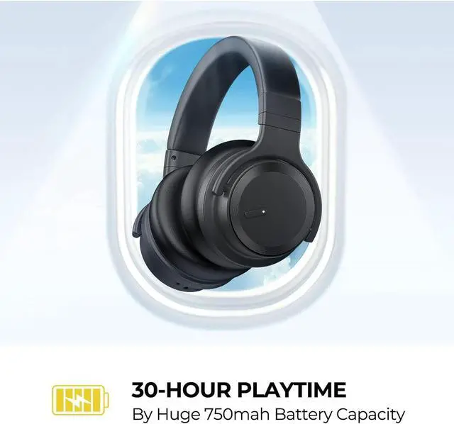 Alt view image 6 of 7 - Bluetooth Headphones Active Noise Cancelling Headphones Wireless Headphones Over Ear with Mic Deep Bass, Comfortable Protein Earpads, 30 Hours Playtime for Travel/Work, Black
