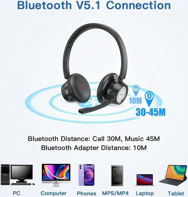 Alt view image 2 of 7 - Wireless Bluetooth Headset W/Noise Cancelling Mic Mute Button for Work/PC/Office/Zoom/Skype