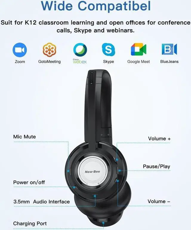 Alt view image 7 of 7 - Wireless Bluetooth Headset W/Noise Cancelling Mic Mute Button for Work/PC/Office/Zoom/Skype