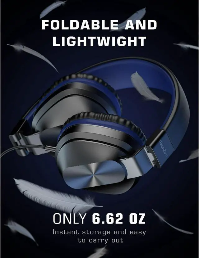 Alt view image 3 of 5 - Headphones with Microphone, Lightweight Folding Stereo Bass Headset with 1.5M Tangle Free Cord, Portable Wired Headphones for Smartphone Laptop Computer MP3/4 Black+Blue