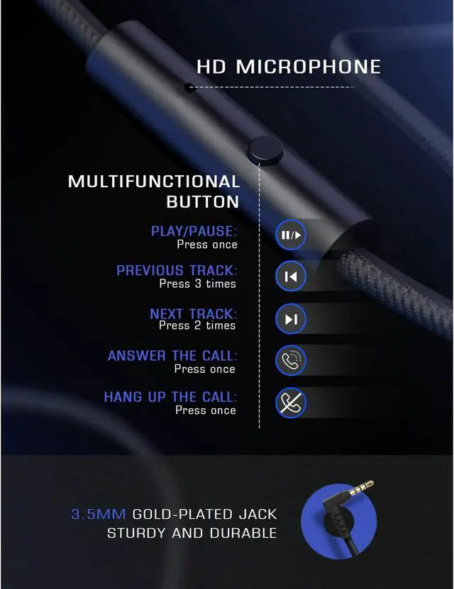 Alt view image 2 of 5 - Headphones with Microphone, Lightweight Folding Stereo Bass Headset with 1.5M Tangle Free Cord, Portable Wired Headphones for Smartphone Laptop Computer MP3/4 Black+Blue