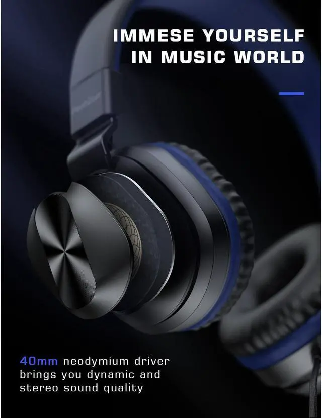 Alt view image 4 of 5 - Headphones with Microphone, Lightweight Folding Stereo Bass Headset with 1.5M Tangle Free Cord, Portable Wired Headphones for Smartphone Laptop Computer MP3/4 Black+Blue