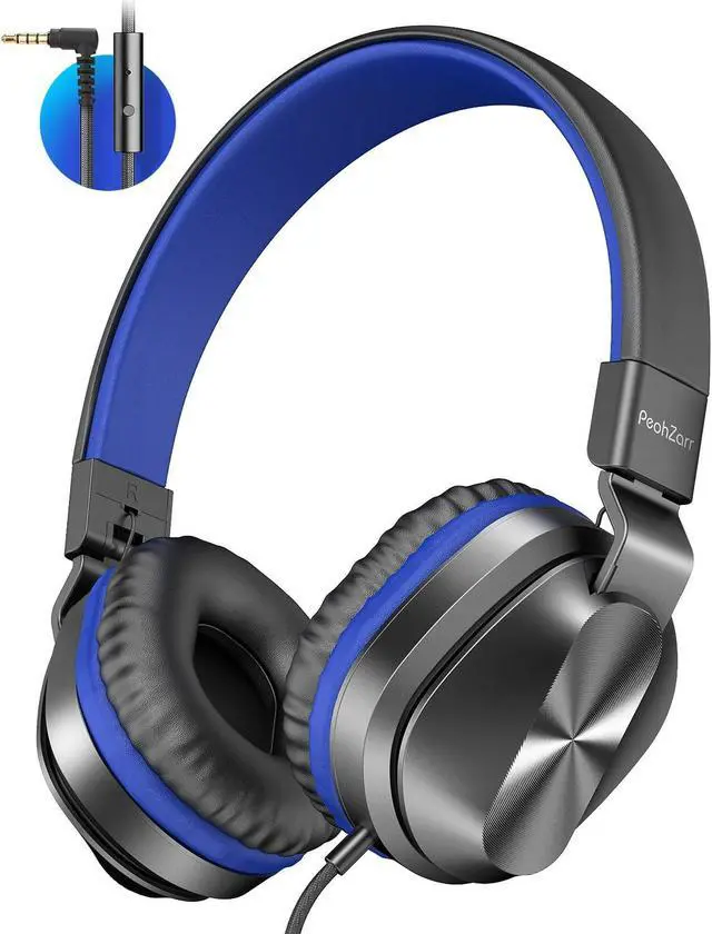 Main image of Headphones with Microphone, Lightweight Folding Stereo Bass Headset with 1.5M Tangle Free Cord, Portable Wired Headphones for Smartphone Laptop Computer MP3/4 Black+Blue
