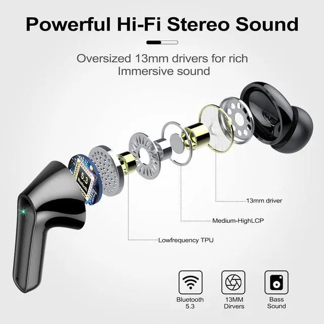 Alt view image 2 of 7 - Wireless Earbuds, In Ear Headphones Bluetooth 5.3 with 4 HD Microphone, 48hr Playtime Wireless Headphones, Deep Bass, ENC Noise Cancelling Earbuds IP7 Waterproof Earphones LED Display USB-C