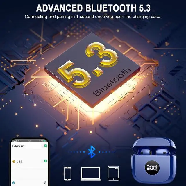 Alt view image 3 of 5 - Bluetooth 5.3 Earbuds with LED Display, Bass Stereo, Noise Cancelling Mic, 40H Playback - Waterproof Sports Earphones for Android/iOS