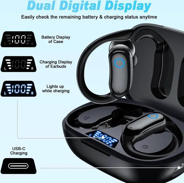 Alt view image 4 of 7 - Bluetooth Headphones Wireless Earbuds 48hrs Playback IPX7 Waterproof Earphones Over-Ear Stereo Bass Headset with Earhooks Microphone LED Battery Display for Sports/Workout/Gym Black