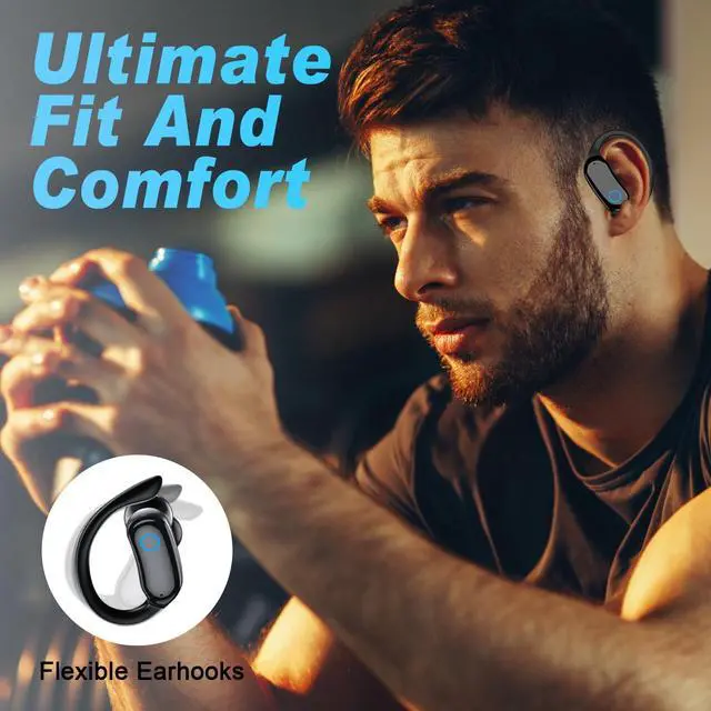 Alt view image 5 of 7 - Bluetooth Headphones Wireless Earbuds 48hrs Playback IPX7 Waterproof Earphones Over-Ear Stereo Bass Headset with Earhooks Microphone LED Battery Display for Sports/Workout/Gym Black