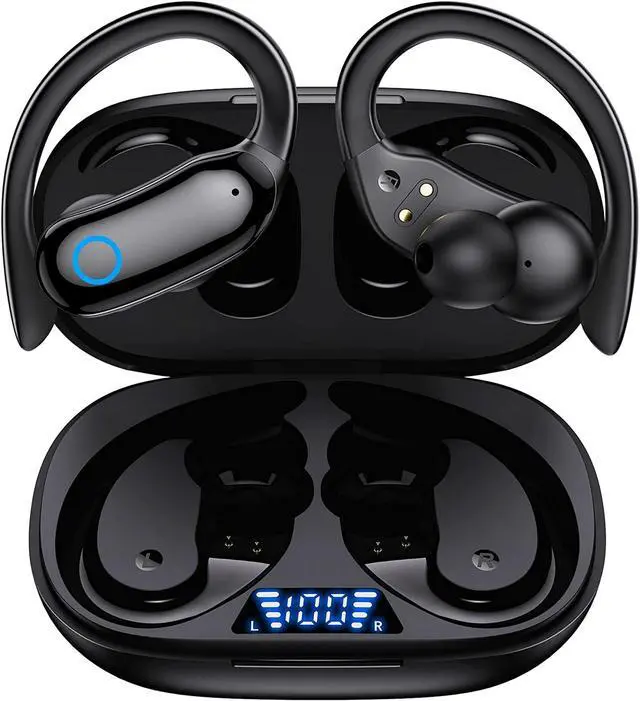 Alt view image 2 of 7 - Bluetooth Headphones Wireless Earbuds 48hrs Playback IPX7 Waterproof Earphones Over-Ear Stereo Bass Headset with Earhooks Microphone LED Battery Display for Sports/Workout/Gym Black