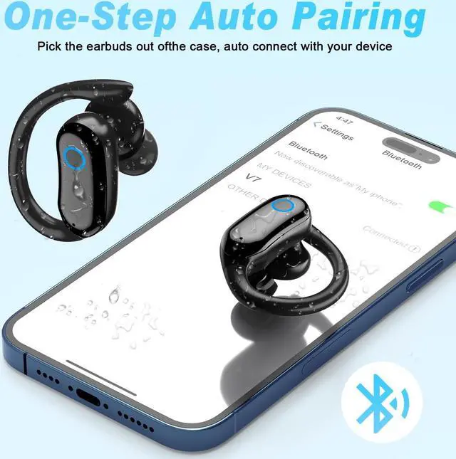 Alt view image 7 of 7 - Bluetooth Headphones Wireless Earbuds 48hrs Playback IPX7 Waterproof Earphones Over-Ear Stereo Bass Headset with Earhooks Microphone LED Battery Display for Sports/Workout/Gym Black