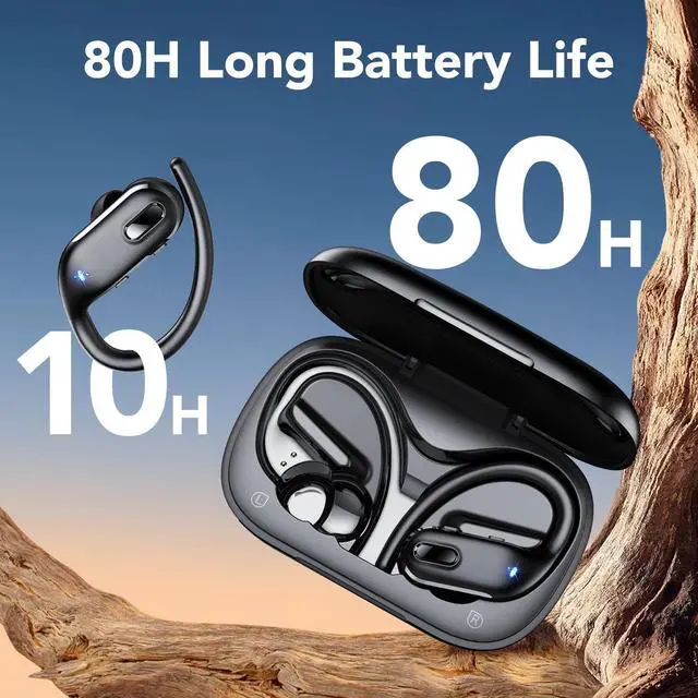 Alt view image 3 of 7 - Wireless Earbuds Bluetooth Headphone Sport, Bluetooth 5.3 Earbud 3D HiFi Stereo Over Ear Buds, 80Hrs Earhooks Earphone with Noise Cancelling Mic, IP7 Waterproof Headset for Workout/Running/Gym, Black