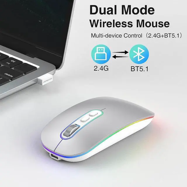 Alt view image 5 of 7 - Wireless Bluetooth Mouse, Slim Rechargeable Mac Mouse, Computer Mice with Dual Mode (Bluetooth 5.1 and 2.4G), Compatible with iPad, Laptop, Mac, Windows (Silver)