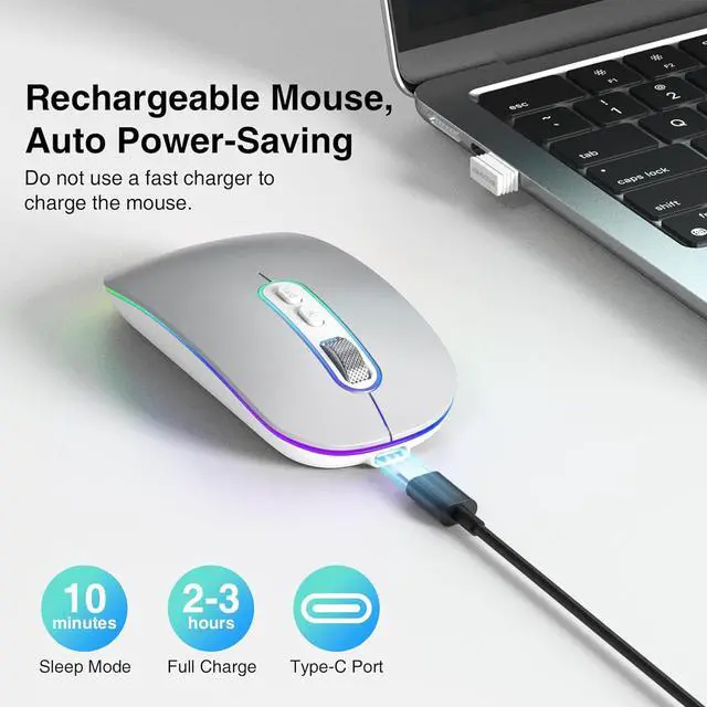 Alt view image 2 of 7 - Wireless Bluetooth Mouse, Slim Rechargeable Mac Mouse, Computer Mice with Dual Mode (Bluetooth 5.1 and 2.4G), Compatible with iPad, Laptop, Mac, Windows (Silver)