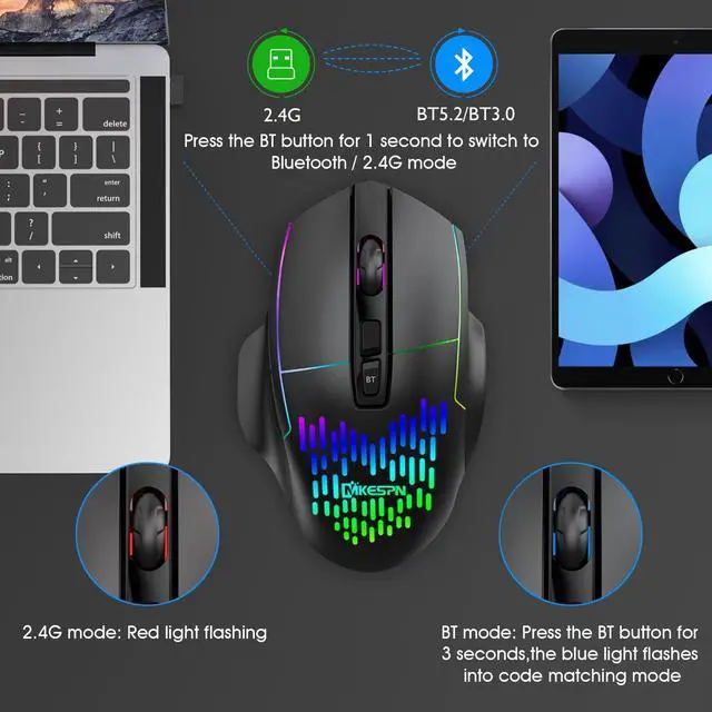 Alt view image 2 of 5 - Wireless Gaming Mouse, C8 Silent Click Rechargeable Wireless Mouse with Colorful LED Lights and Bluetooth Mouse Multi Device(BT5.0+BT3.0+2.4G) for Laptop/PC/iPad/MacBook/Tablet