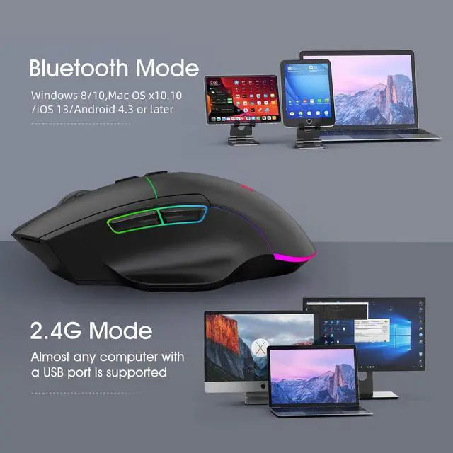 Alt view image 5 of 5 - Wireless Gaming Mouse, C8 Silent Click Rechargeable Wireless Mouse with Colorful LED Lights and Bluetooth Mouse Multi Device(BT5.0+BT3.0+2.4G) for Laptop/PC/iPad/MacBook/Tablet