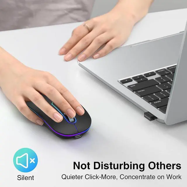 Alt view image 5 of 7 - Bluetooth Mouse, Wireless Rechargeable Mouse, LED Silent Computer Mice with Dual Mode (Bluetooth 5.1 and 2.4G), Slim Optical Mouse, Compatible with iPad, Laptop, PC, Mac, Windows-Black