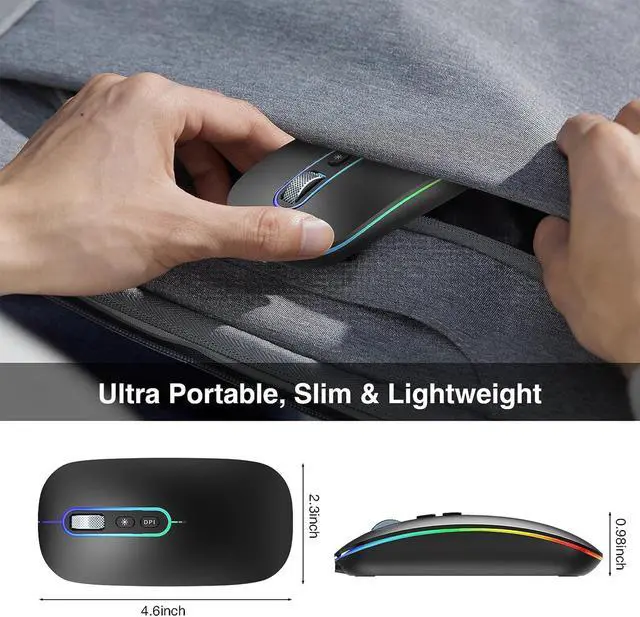 Alt view image 7 of 7 - Bluetooth Mouse, Wireless Rechargeable Mouse, LED Silent Computer Mice with Dual Mode (Bluetooth 5.1 and 2.4G), Slim Optical Mouse, Compatible with iPad, Laptop, PC, Mac, Windows-Black