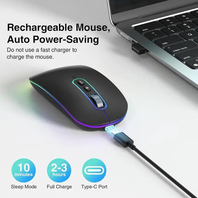 Alt view image 3 of 7 - Bluetooth Mouse, Wireless Rechargeable Mouse, LED Silent Computer Mice with Dual Mode (Bluetooth 5.1 and 2.4G), Slim Optical Mouse, Compatible with iPad, Laptop, PC, Mac, Windows-Black