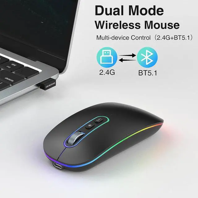 Alt view image 2 of 7 - Bluetooth Mouse, Wireless Rechargeable Mouse, LED Silent Computer Mice with Dual Mode (Bluetooth 5.1 and 2.4G), Slim Optical Mouse, Compatible with iPad, Laptop, PC, Mac, Windows-Black
