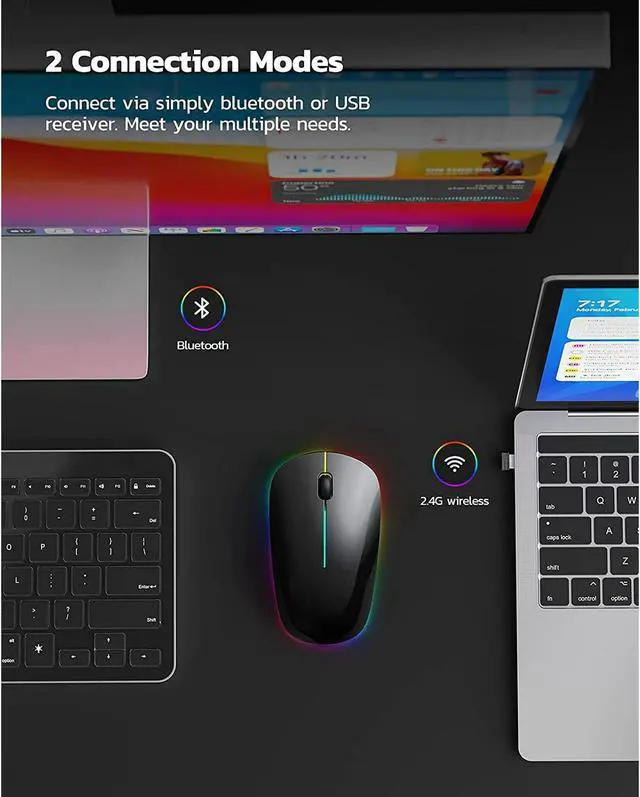 Alt view image 3 of 7 - Wireless Bluetooth Mouse, 2.4G Rechargeable LED Mouse, Dual Mode(Bluetooth 5.0+USB), Laptop Mouse with USB Receiver, Computer Mouse Compatible for Laptop, iPad, MacOS, PC, Windows(Black)