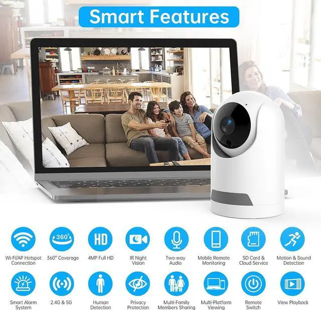 Alt view image 2 of 7 - 360° Wireless 5G Nanny Cam with Safety Alerts, 4MP HD WiFi Camera for Human & Pet Detection, Home Security Camera with Two-Way Audio, Motion Tracking, IR Night Vision, Sleep Tracking