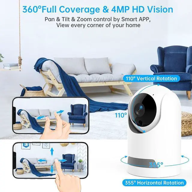 Alt view image 3 of 7 - 360° Wireless 5G Nanny Cam with Safety Alerts, 4MP HD WiFi Camera for Human & Pet Detection, Home Security Camera with Two-Way Audio, Motion Tracking, IR Night Vision, Sleep Tracking