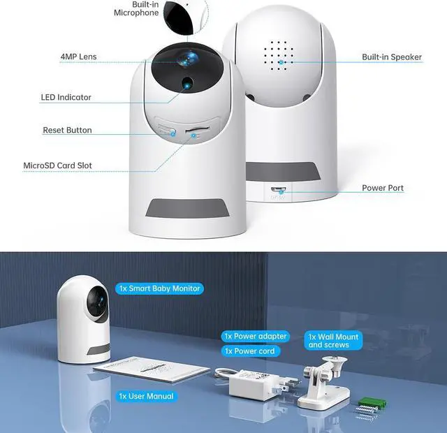 Alt view image 7 of 7 - 360° Wireless 5G Nanny Cam with Safety Alerts, 4MP HD WiFi Camera for Human & Pet Detection, Home Security Camera with Two-Way Audio, Motion Tracking, IR Night Vision, Sleep Tracking