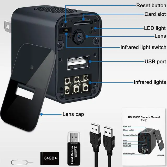 Alt view image 7 of 7 - 64 GB USB Charger Security Camera, Indoor & Home Security Nanny Cam with SD Card Surge Protection Cam Outdoor Home Security Camera