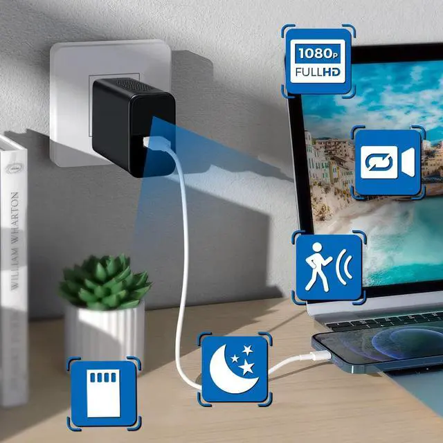 Alt view image 2 of 7 - 64 GB USB Charger Security Camera, Indoor & Home Security Nanny Cam with SD Card Surge Protection Cam Outdoor Home Security Camera