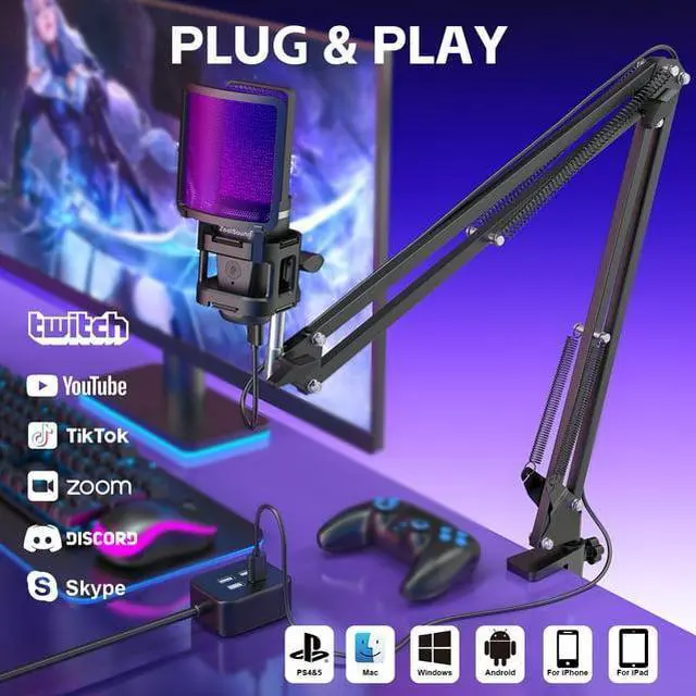 Alt view image 2 of 7 - Gaming USB Microphone,Noise Cancellation Condenser mic,RGB Microphone with Mute,Gain,Monitoring,Boom Arm,Pop Filter for Phone,PC,Computer,Mac,Streaming,Podcast