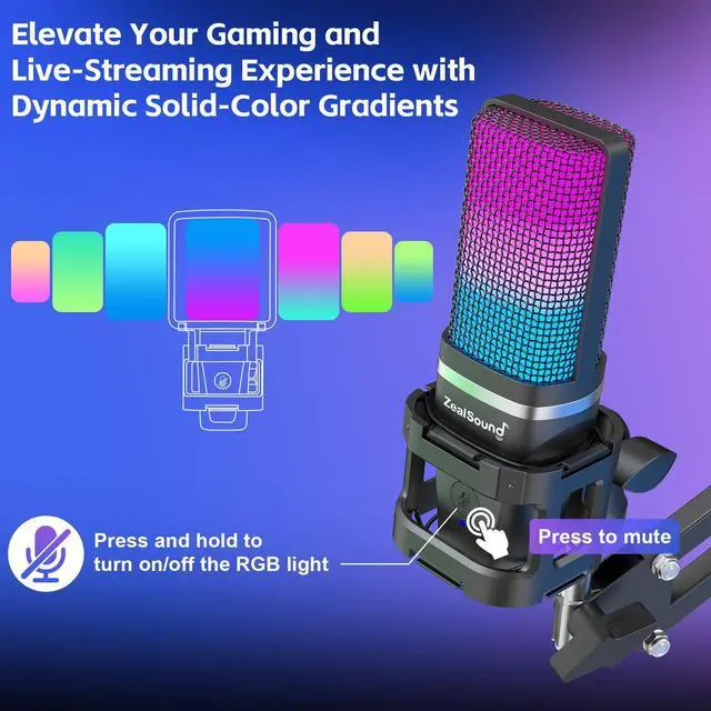 Alt view image 7 of 7 - Gaming USB Microphone,Noise Cancellation Condenser mic,RGB Microphone with Mute,Gain,Monitoring,Boom Arm,Pop Filter for Phone,PC,Computer,Mac,Streaming,Podcast