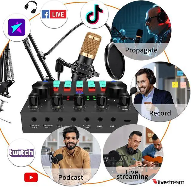 Alt view image 2 of 7 - Podcast Equipment Bundle, Podcast Microphone Bundle with Studio Microphone, BM-800 Mic Kit with Live Sound Card, Recording Studio Equipment for Live Streaming, Broadcasting with Phone/PC/Laptop
