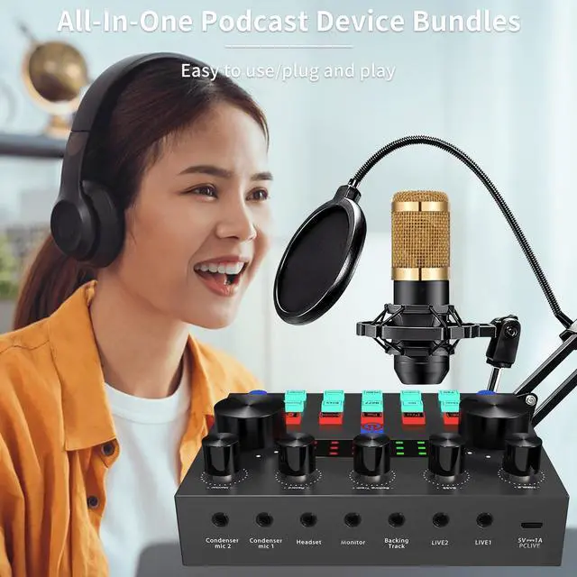 Alt view image 6 of 7 - Podcast Equipment Bundle, Podcast Microphone Bundle with Studio Microphone, BM-800 Mic Kit with Live Sound Card, Recording Studio Equipment for Live Streaming, Broadcasting with Phone/PC/Laptop