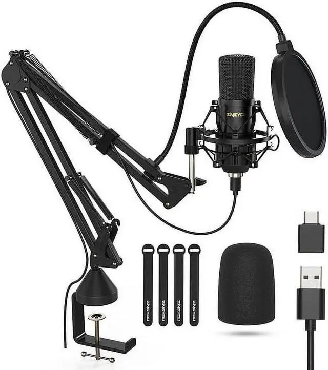 Main image of USB Condenser Microphone, Plug and Play Computer Microphone Kit with Upgraded Boom Pop Filter Wide Sound Field, Studio Quality-Black