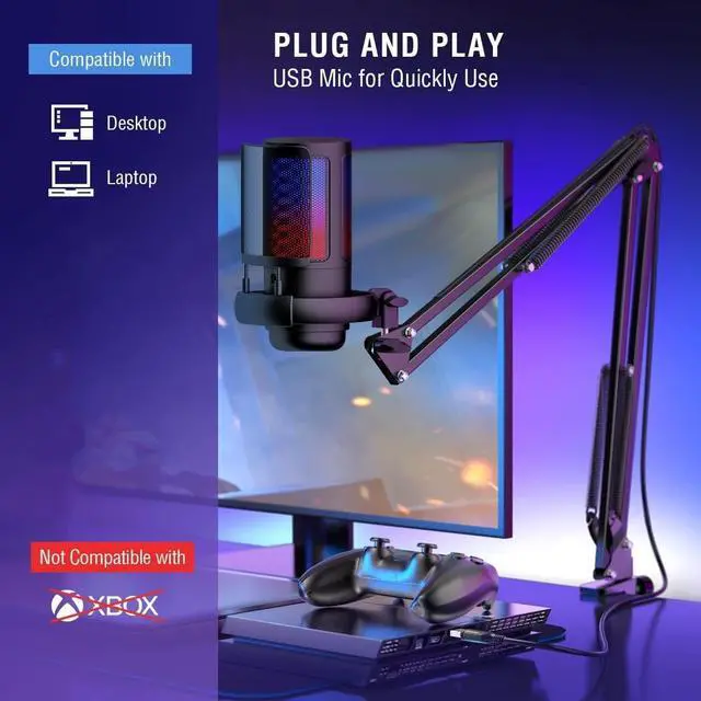 Alt view image 6 of 6 - Gaming PC USB Microphone, Podcasting Condenser Microphone with Boom Arm, Pop Filter, Mute Button for Streaming Online Chat, Computer Microphone for PC Gamers