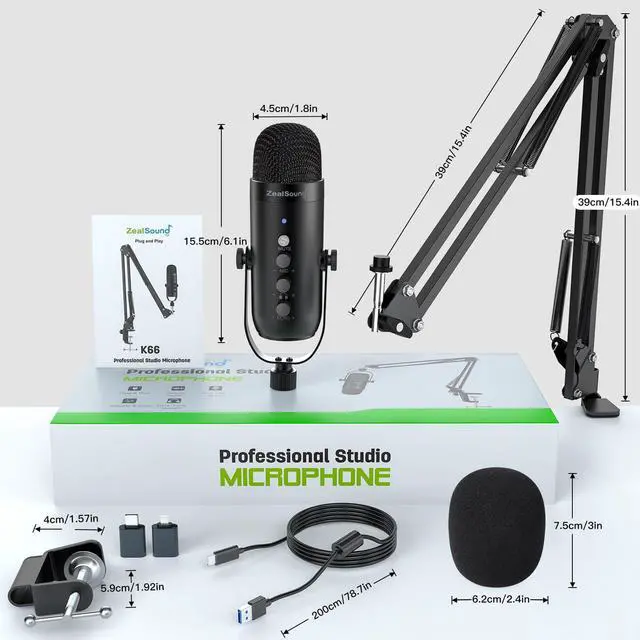 Alt view image 4 of 6 - Podcast Condenser USB Mic with Boom Arm,Supercardioid Microphone with Mute Button,Echo Volume Gain Knob,Adjust Monitor for Phone PC Computer Tablet Streaming Recording