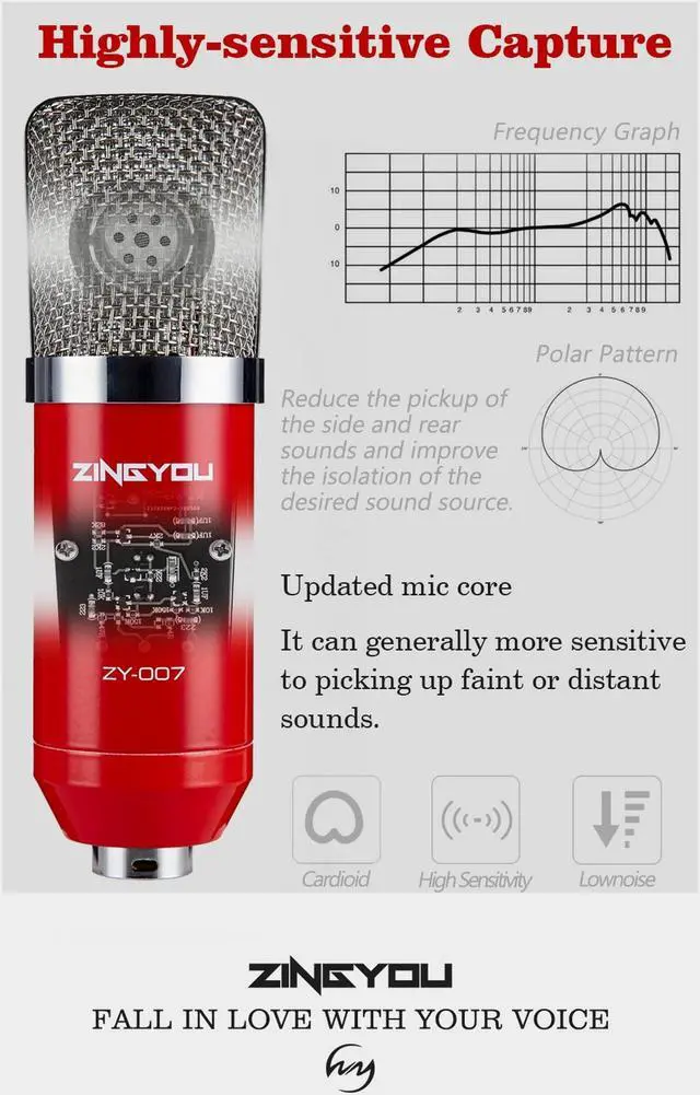 Alt view image 3 of 7 - Condenser Microphone Computer Mic Recording Bundle for Gaming Streaming Youtube Cardioid Microphone Include Adjustable Arm Stand, Shock Mount and Pop Filter Red