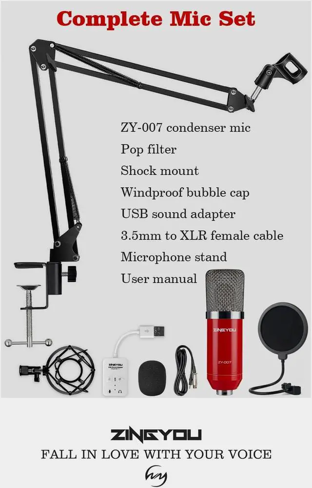 Alt view image 5 of 7 - Condenser Microphone Computer Mic Recording Bundle for Gaming Streaming Youtube Cardioid Microphone Include Adjustable Arm Stand, Shock Mount and Pop Filter Red