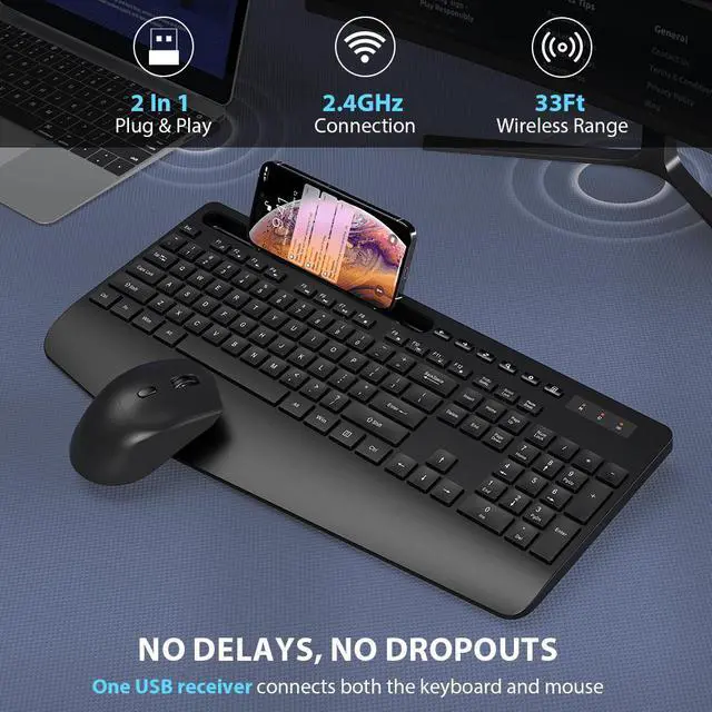 Alt view image 2 of 7 - Wireless Keyboard & Mouse Combo Wrist Rest Ergonomic Phone Holder Silent for Computer,Laptop