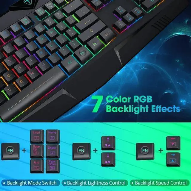 Alt view image 5 of 7 - Wired Gaming Keyboard, RGB Backlit Quiet Keyboard with 5-Level Brightness, 25 Anti-Ghosting Keys,12 Shortcut Keys, 104 Keys Computer Keyboard for Game, Office, Windows, Laptop, PC, Xbox
