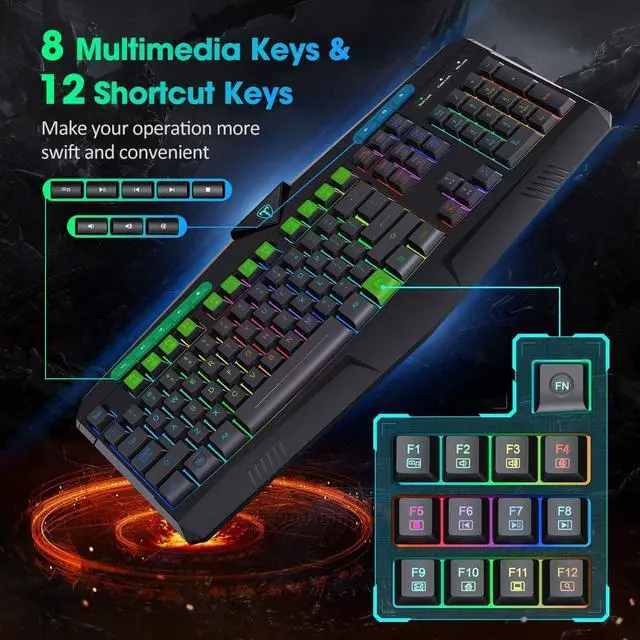 Alt view image 3 of 7 - Wired Gaming Keyboard, RGB Backlit Quiet Keyboard with 5-Level Brightness, 25 Anti-Ghosting Keys,12 Shortcut Keys, 104 Keys Computer Keyboard for Game, Office, Windows, Laptop, PC, Xbox