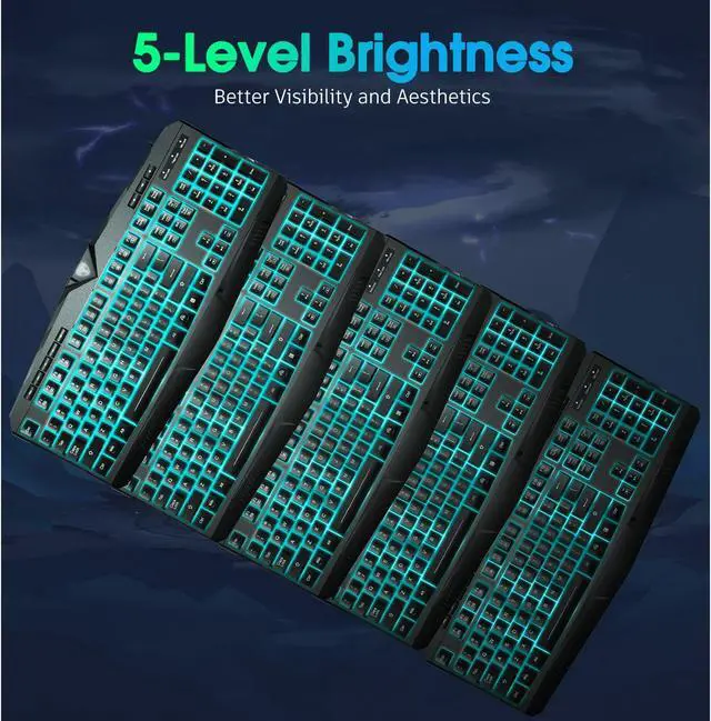 Alt view image 6 of 7 - Wired Gaming Keyboard, RGB Backlit Quiet Keyboard with 5-Level Brightness, 25 Anti-Ghosting Keys,12 Shortcut Keys, 104 Keys Computer Keyboard for Game, Office, Windows, Laptop, PC, Xbox