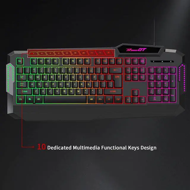 Alt view image 6 of 7 - Gaming Keyboard, 114 Keys Full Size Wired Rainbow LED Backlit Quiet Computer Keyboard with Dedicated Multimedia Keys, Wrist Rest Keyboard for Computer PC Gamers Desktop Laptop MAC Xbox, Black