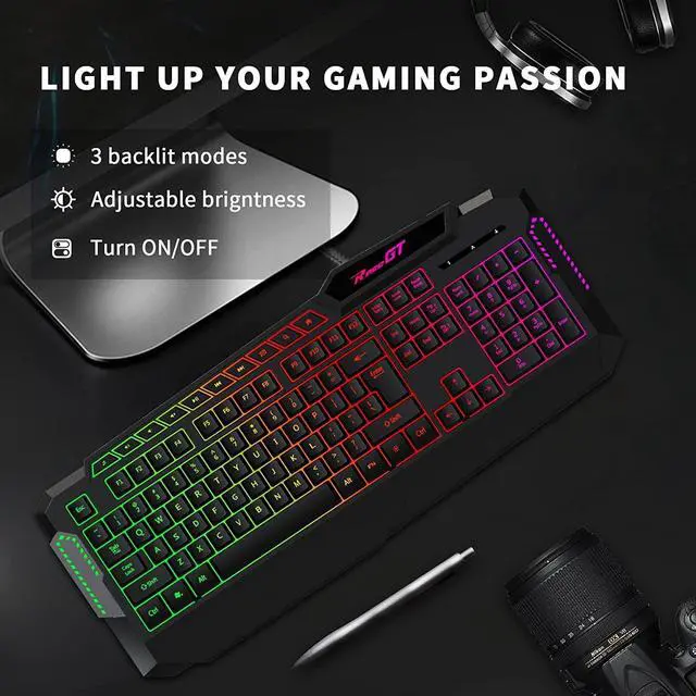 Alt view image 7 of 7 - Gaming Keyboard, 114 Keys Full Size Wired Rainbow LED Backlit Quiet Computer Keyboard with Dedicated Multimedia Keys, Wrist Rest Keyboard for Computer PC Gamers Desktop Laptop MAC Xbox, Black