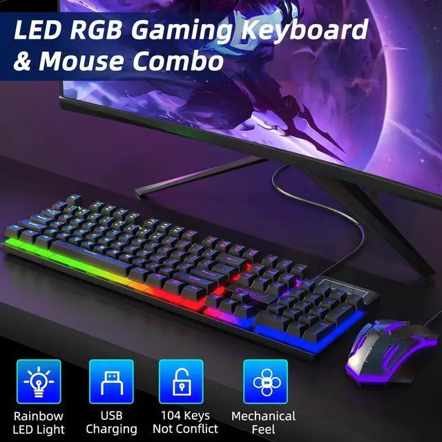 Alt view image 2 of 7 - Gaming Keyboard & Mouse, 104 Keys Rainbow LED RGB Backlit Quiet Computer Keyboard, Multimedia Keys, 26 Anti-ghosting Keys, Waterproof Light up USB Wired Keyboard for PC Gamers Desktop Computer Laptop