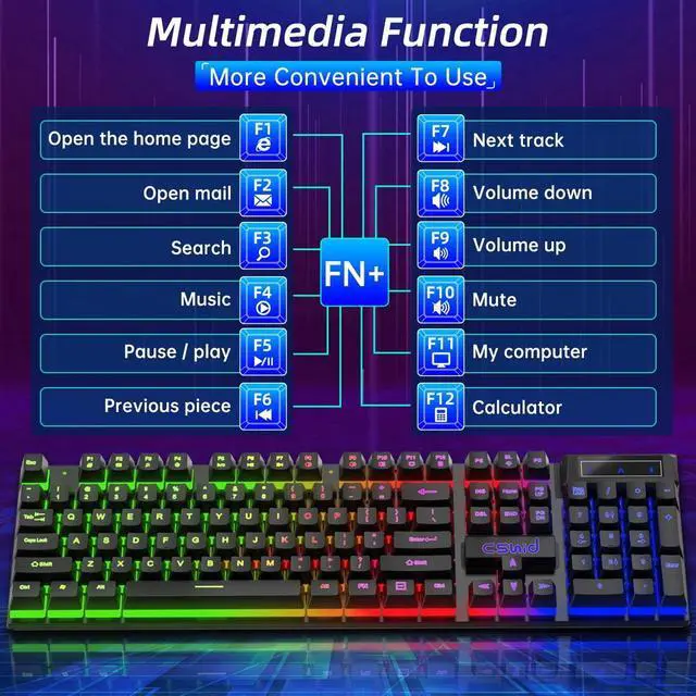 Alt view image 6 of 7 - Gaming Keyboard & Mouse, 104 Keys Rainbow LED RGB Backlit Quiet Computer Keyboard, Multimedia Keys, 26 Anti-ghosting Keys, Waterproof Light up USB Wired Keyboard for PC Gamers Desktop Computer Laptop