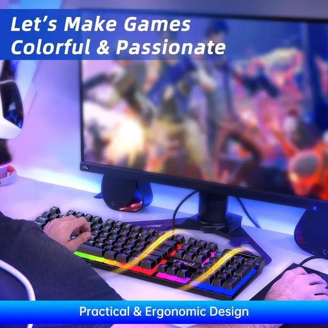 Alt view image 4 of 7 - Gaming Keyboard & Mouse, 104 Keys Rainbow LED RGB Backlit Quiet Computer Keyboard, Multimedia Keys, 26 Anti-ghosting Keys, Waterproof Light up USB Wired Keyboard for PC Gamers Desktop Computer Laptop
