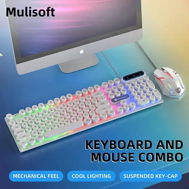 Alt view image 5 of 7 - Gaming Keyboard and Mouse Combo, Retro Punk Round Keycaps LED Backlit USB Wired Computer Keyboard for Game and Office, for Windows Laptop PC, Red Switches (White)