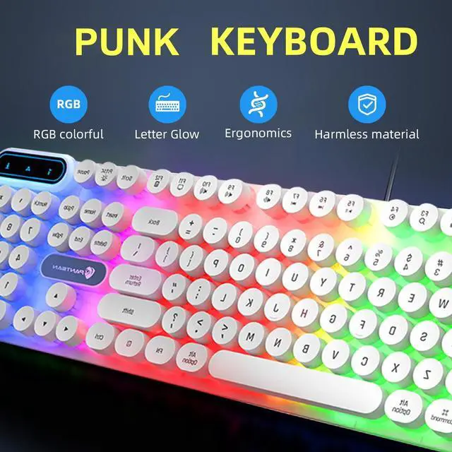 Alt view image 3 of 7 - Gaming Keyboard and Mouse Combo, Retro Punk Round Keycaps LED Backlit USB Wired Computer Keyboard for Game and Office, for Windows Laptop PC, Red Switches (White)