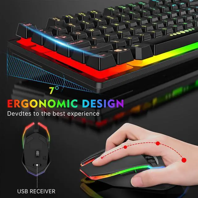 Alt view image 5 of 7 - Wireless Keyboard and Mouse, 87 Keys Mechanical Feel Keyboard Mice Combo, Anti-Ghosting Ergonomic Rechargeable W/ 2.4G Wireless Receiver, RGB LED Backlight for Windows Computer PC Gamer